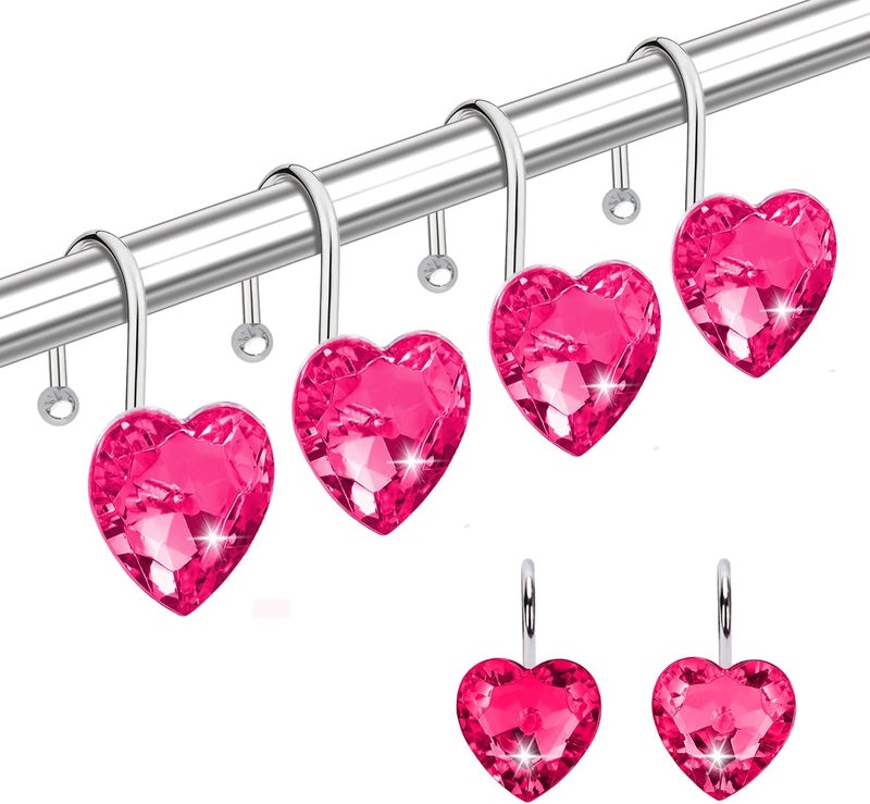 Yapicoco Shower Curtain Hooks Rings for Bathroom, 12PCS Heart Stainless Steel Rust Resistant Decorative Rhinestones Shower Curtain Rings Hangers for Shower Curtains (Single Hook Hot Pink) - Image 1